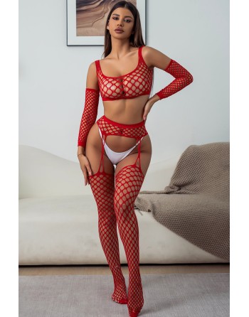 Ensemble Lingerie 3 pièces rouge en résille large - J Lingerie