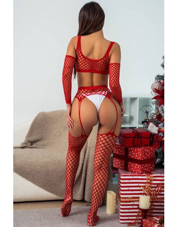 Ensemble Lingerie 3 pièces rouge en résille large - J Lingerie
