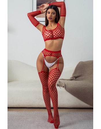 Ensemble Lingerie 3 pièces rouge en résille large - J Lingerie