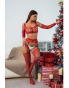 Ensemble Lingerie 3 pièces rouge en résille large - J Lingerie