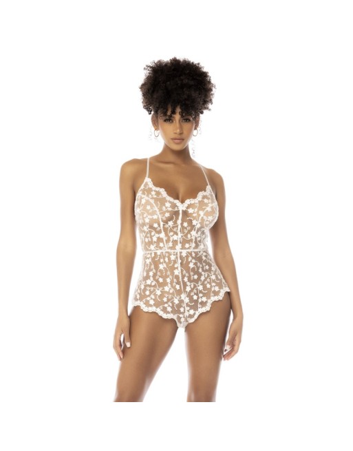 Body blanc transparent Celina avec dentelle brodée florale, bretelles ajustables 