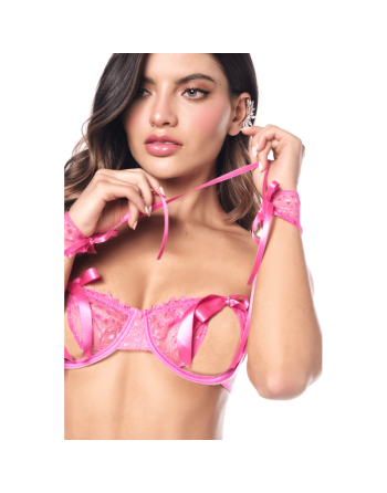 Ensemble sexy 4 pièces avec soutien-gorge ouvert, string, bandeau et menottes en dentelle 