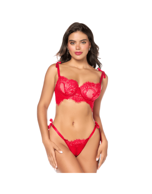 Ensemble sexy 2 pièces en dentelle avec liens à nouer et string 