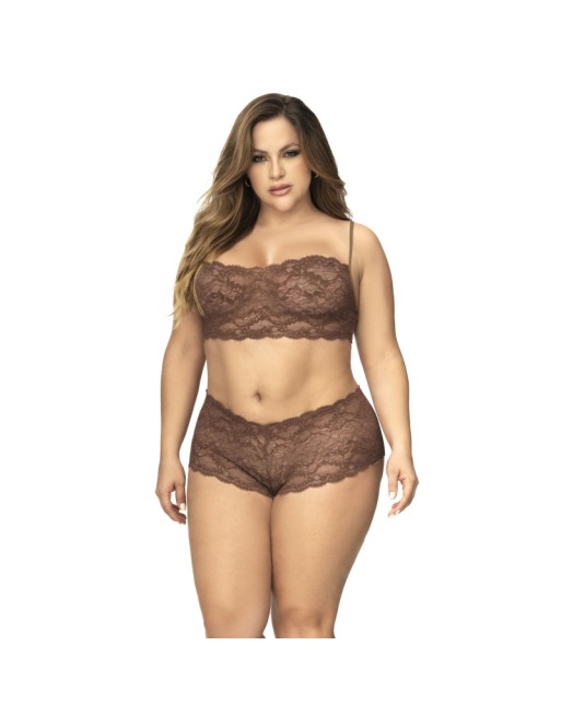 Ensemble 2 pièces en dentelle grande taille, top à bretelles et shorty couleur cacao 