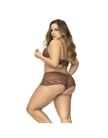 Ensemble 2 pièces en dentelle grande taille, top à bretelles et shorty couleur cacao 