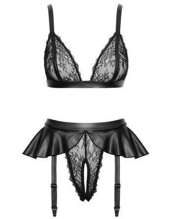 Soutien-gorge et slip fendu à jarretelles noir - Cottelli LINGERIE