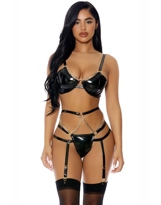Ensemble 3 pièces à jarretelles en faux cuir - J Lingerie