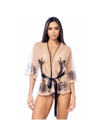 Peignoir sexy en résille imprimée transparente avec string 