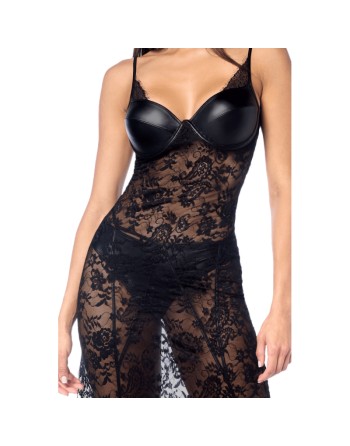 Robe longue sexy en dentelle  cuir avec string et porte-jarretelles 