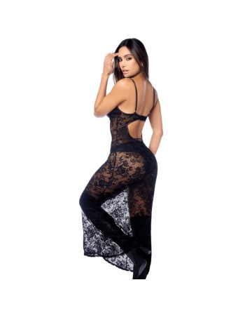 Robe longue sexy en dentelle  cuir avec string et porte-jarretelles 