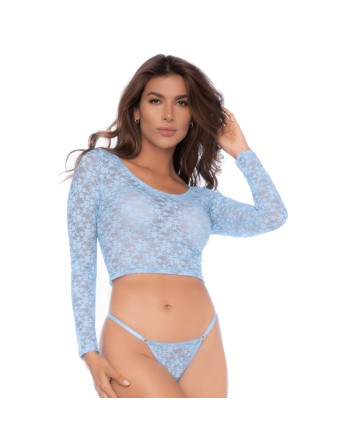 Ensemble 2 pièces en dentelle bleue pastel, crop top et string 