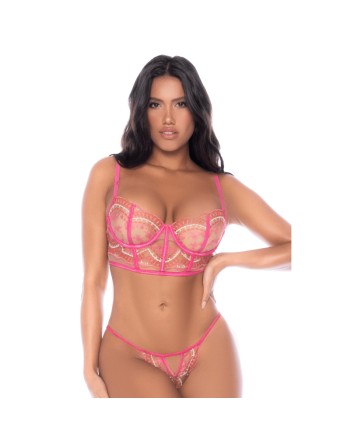 Ensemble 2 pièces résille brodée rose 
