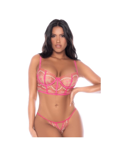 Ensemble 2 pièces résille brodée rose 