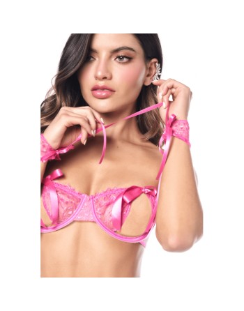 Ensemble sexy 4 pièces avec soutien-gorge ouvert, string, bandeau et menottes en dentelle 