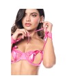 Ensemble sexy 4 pièces avec soutien-gorge ouvert, string, bandeau et menottes en dentelle 