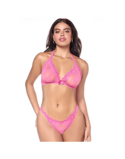 Ensemble sexy 2 pièces rose en dentelle délicate avec haut et string assorti 