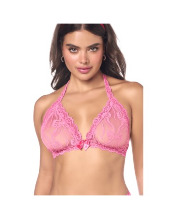Ensemble sexy 2 pièces rose en dentelle délicate avec haut et string assorti 