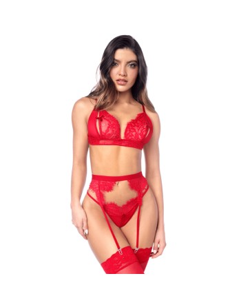 Ensemble sexy 3 pièces peek-a-boo en dentelle avec string et porte-jarretelles 