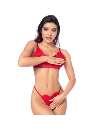 Ensemble sexy 3 pièces peek-a-boo en dentelle avec string et porte-jarretelles 