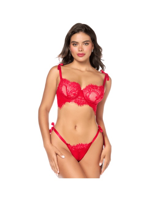 Ensemble sexy 2 pièces en dentelle avec liens à nouer et string 