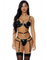 Ensemble 3 pièces à jarretelles en faux cuir - J Lingerie