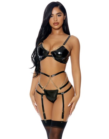 Ensemble 3 pièces à jarretelles en faux cuir - J Lingerie