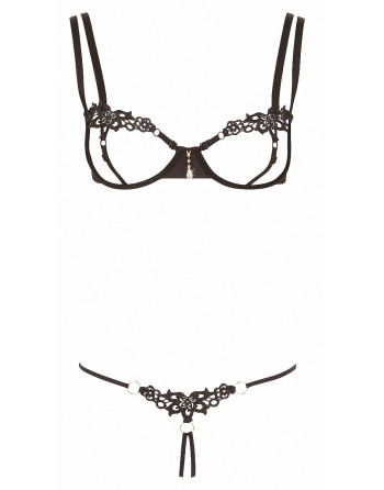 Ensemble dentelle string ouvert et seins nus noir - Cottelli Lingerie
