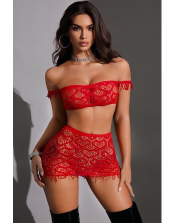 Ensemble top et jupe résille rouge - J Lingerie