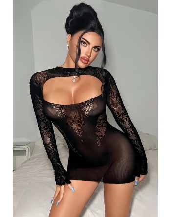 Robe résille noire décolletée à manches longues - J Lingerie