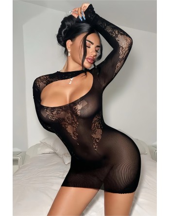 Robe résille noire décolletée à manches longues - J Lingerie