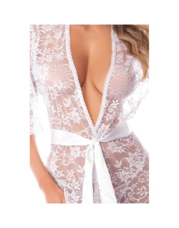 Kimono blanc en dentelle florale transparente avec ceinture – Mapalé