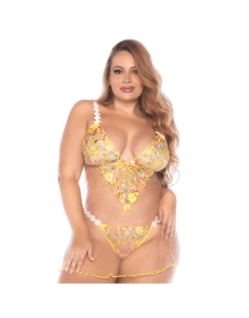 Nuisette grande taille transparente brodée jaune et string 