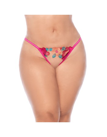 Nuisette grande taille en résille et dentelle florale rose et string assorti