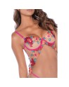 Nuisette en résille et dentelle florale rose et string assorti 