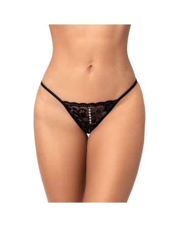 String ouvert noir en dentelle avec perle suspendue