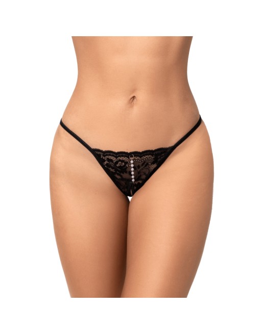 String ouvert noir en dentelle avec perle suspendue