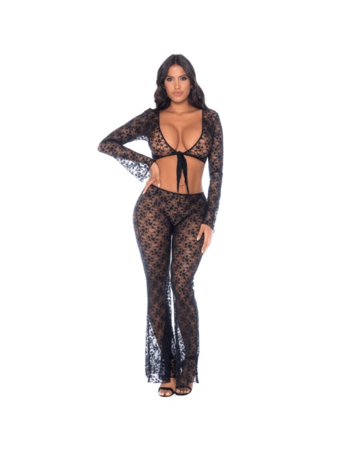 Top et pantalon en dentelle florale noire 