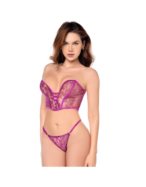 Ensemble sexy 2 pièces bustier  string en dentelle satinée 