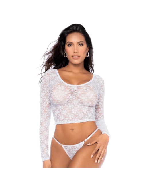 Ensemble 2 pièces en dentelle blanche, crop top et string 