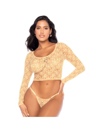 Ensemble 2 pièces en dentelle jaune pastel, crop top et string 