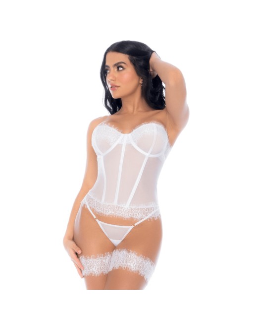 Ensemble 4 pièces blanc, bustier, string et 2 jarretières 