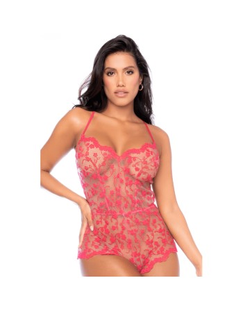 Combishort en dentelle transparente couleur cerise 