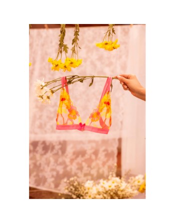Ensemble lingerie rose et jaune en maille transparente brodée – Mapalé