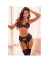 Ensemble lingerie 3 pièces noir en dentelle avec porte-jarretelles – Mapalé