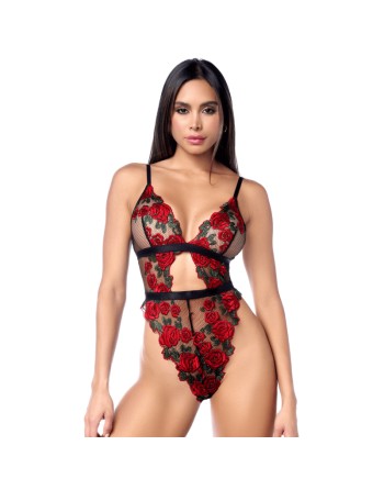 Teddy taille haute en résille noire brodée de roses avec ceinture