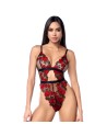 Teddy taille haute en résille noire brodée de roses avec ceinture