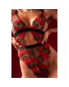 Teddy taille haute en résille noire brodée de roses avec ceinture