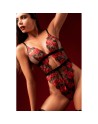 Teddy taille haute en résille noire brodée de roses avec ceinture