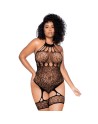 Body grande taille en résille léopard noir à tour de cou et jarretières intégrées - Mapalé