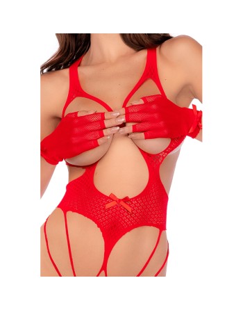 Body en résille rouge, seins nus avec gants assortis - Mapalé
